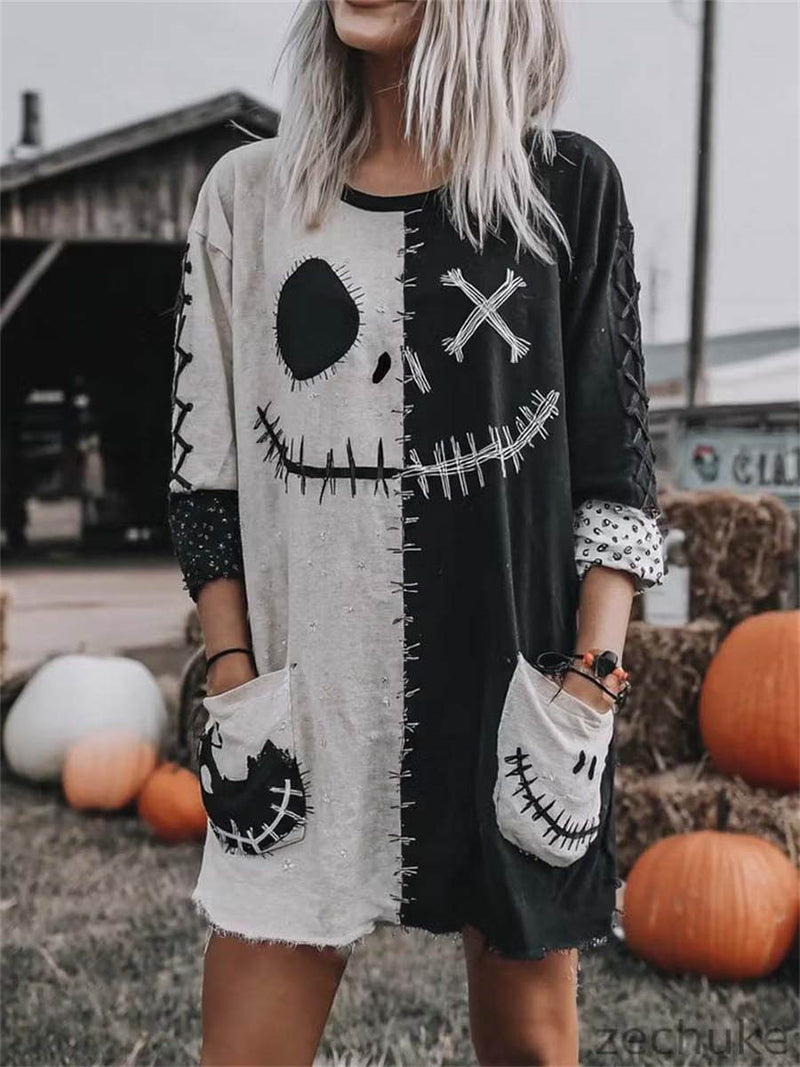 Women's Halloween Multi Spooky Face Round Neck Long Sleeves Mini dress