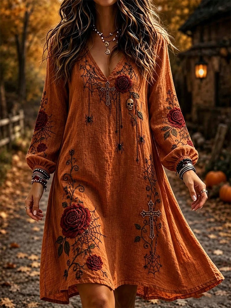 Women's Halloween Burnt Orange Gothic Rose V Neck Long Sleeve Mini Dress
