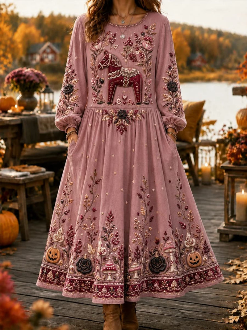Women's Halloween Pink Horse Floral Pumpkin Round Neck Long Sleeve Maxi Dress