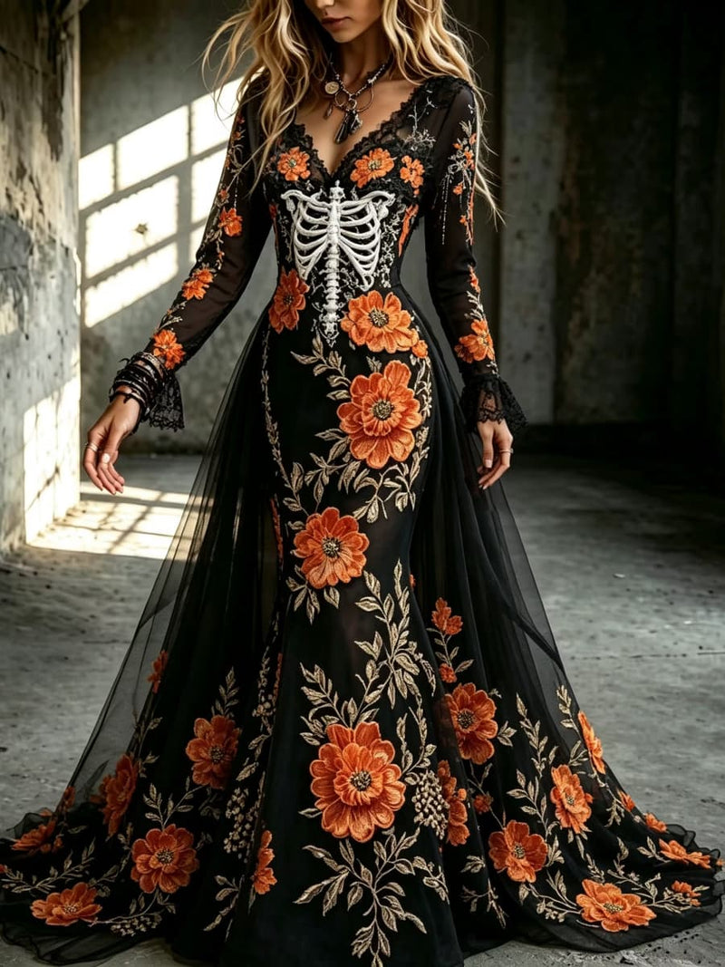 Women's Halloween Black Floral Skull Print V Neck Long Sleeve Maxi Dress