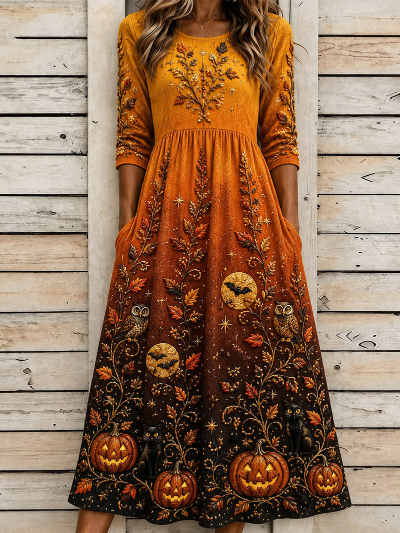 Women's Halloween Multi Pumpkin Cat Owl Print Round Neck Three Quarter Sleeve Midi Dress