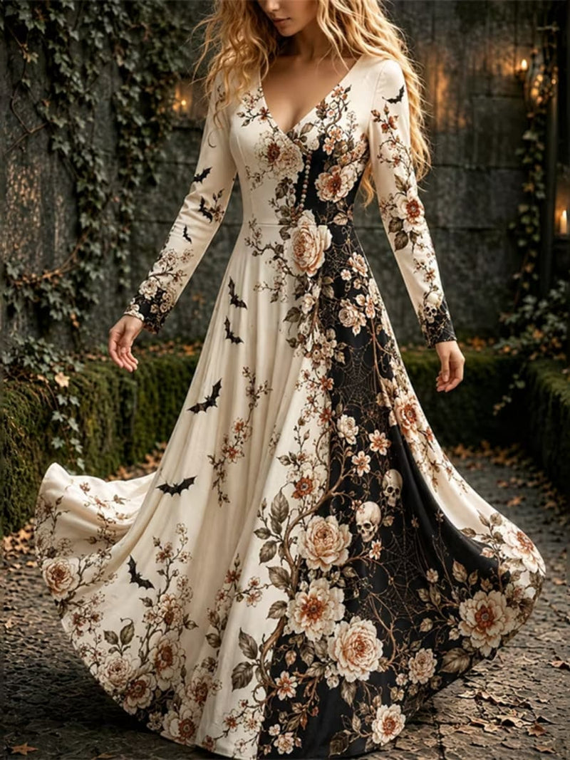 Women's Halloween Multi Floral Bat Print V Neck Long Sleeve Maxi Dress