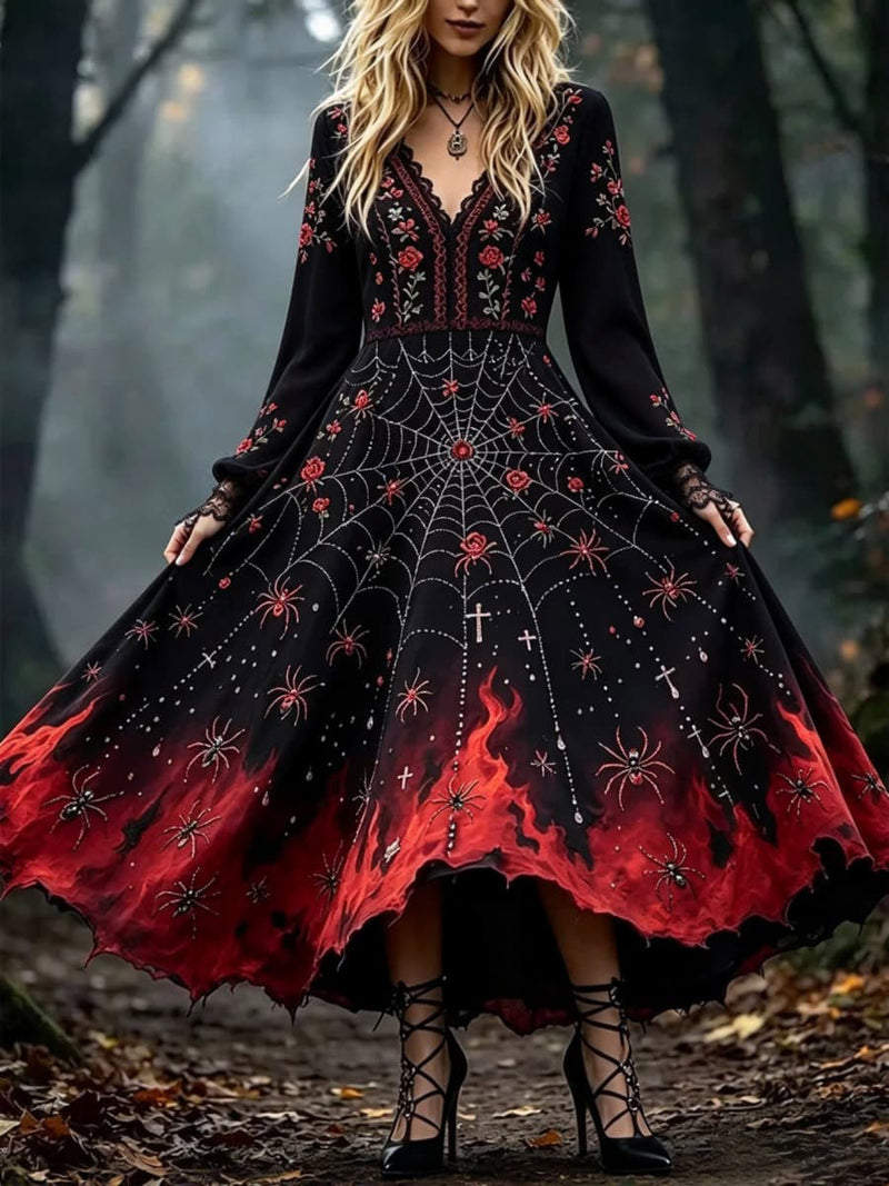 Women's Halloween Multi Floral Spider Web Print V Neck Long Sleeve Maxi Dress