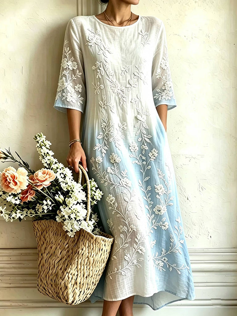 Women's White Blue Gradient Floral Embroidery Round Neck Three Quarter Sleeve Midi Dress