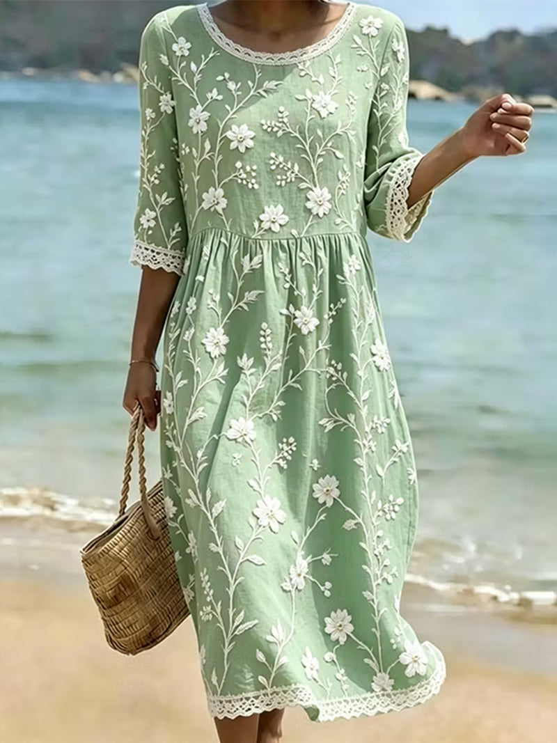 Women's Green Floral Round Neck Three Quarter Sleeve Midi Dress