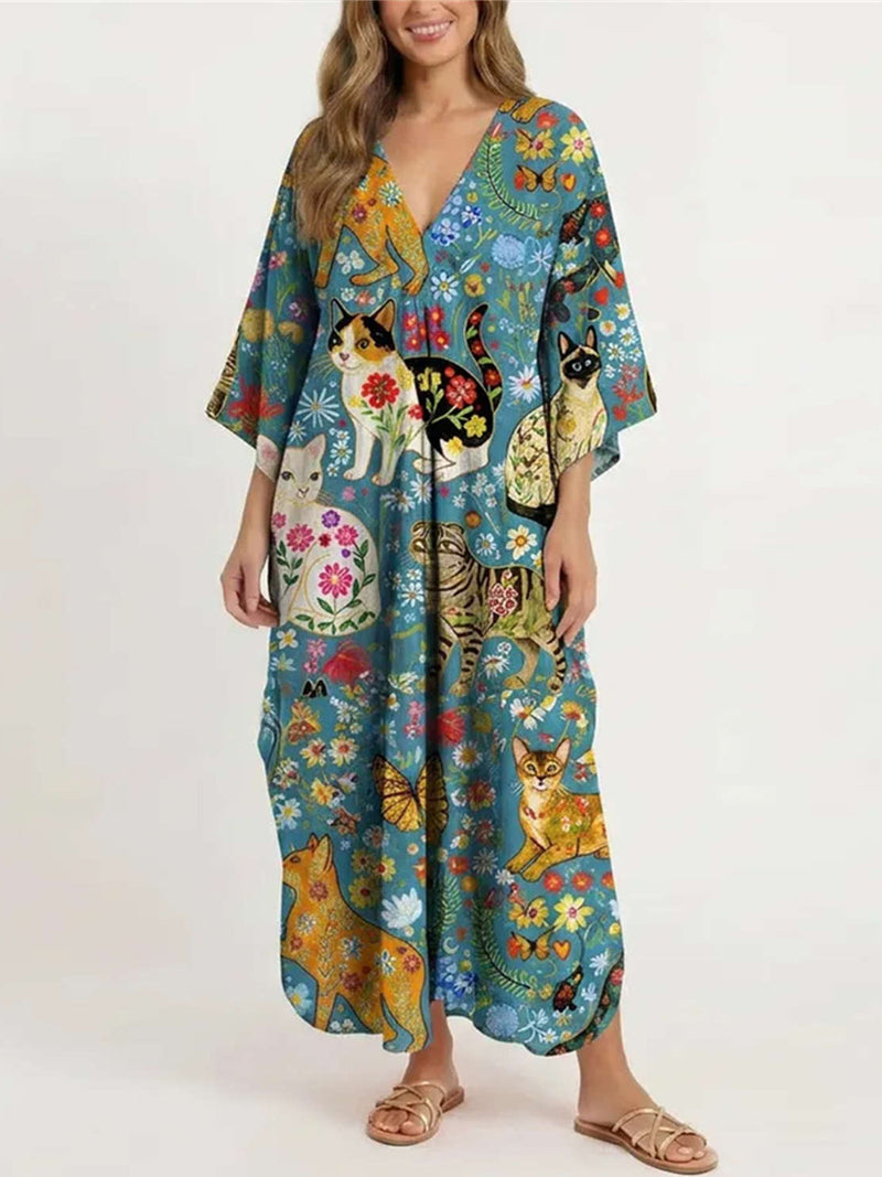 Women's Multi Cat Floral V Neck Three Quarter Sleeve Maxi Dress