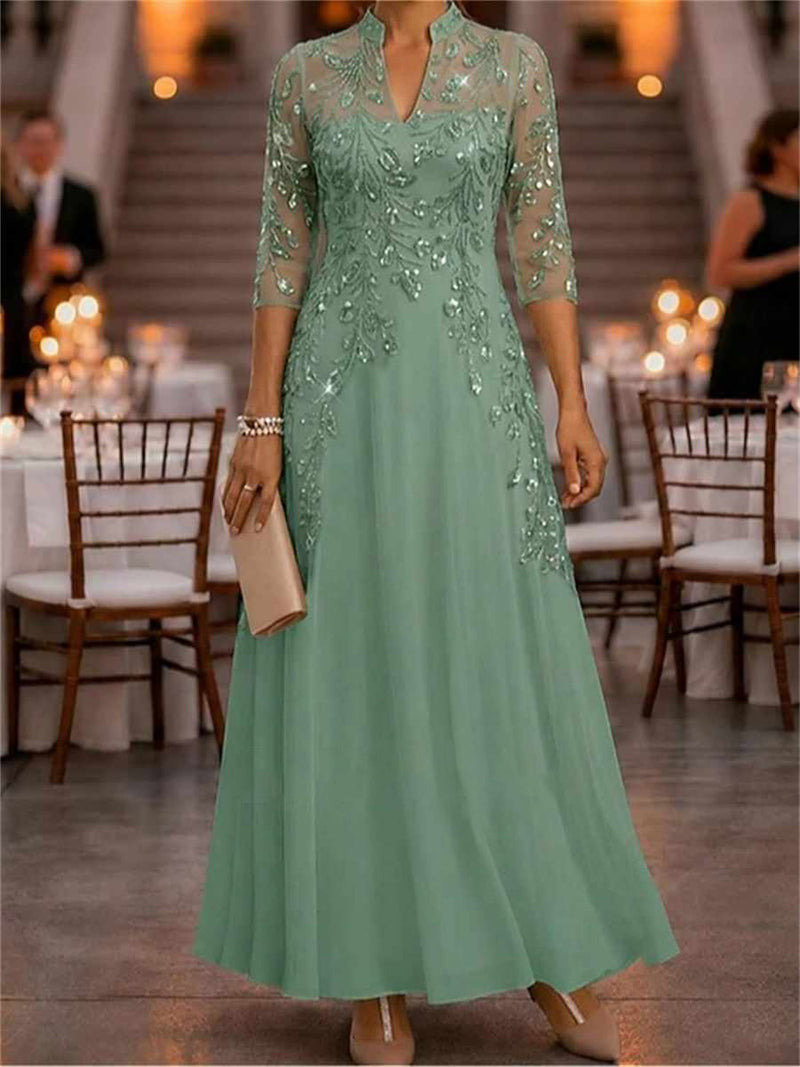 Women's Sage Green Solid Stand Collar Three Quarter Sleeve Maxi Dress