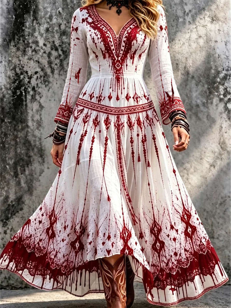 Women's Halloween White Red Geometric V Neck Long Sleeve Maxi Dress