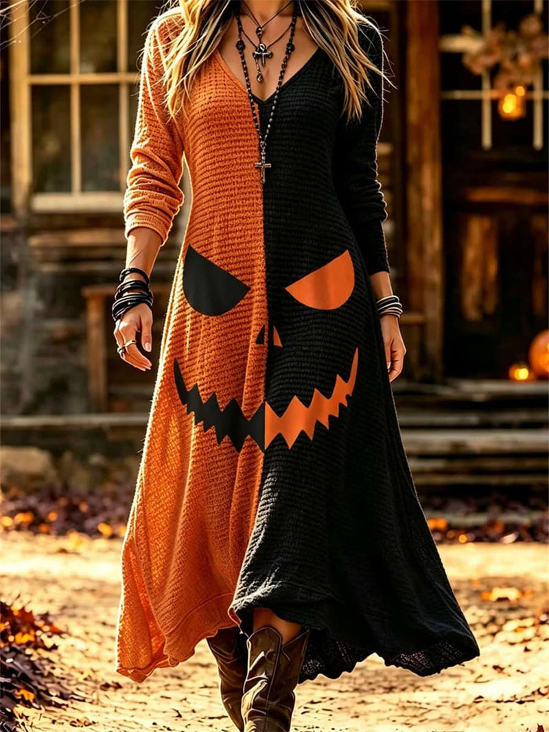 Women's Halloween Orange Black Pumpkin Face V Neck Long Sleeve Maxi Dress