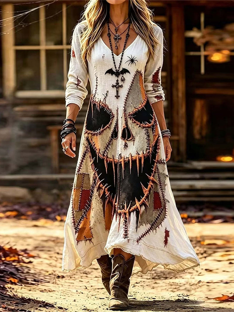 Women's Halloween Multi Skull Bat Patchwork V Neck Long Sleeve Maxi Dress