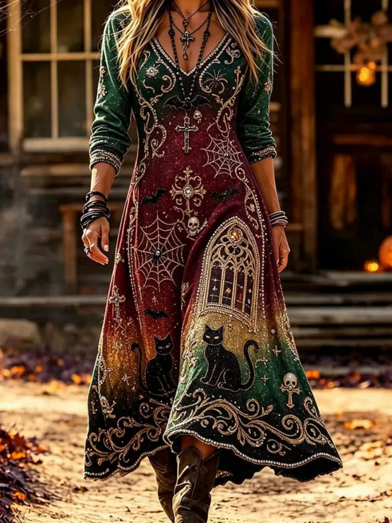 Women's Halloween Multi Color Cat Spider Web V Neck Long Sleeve Maxi Dress