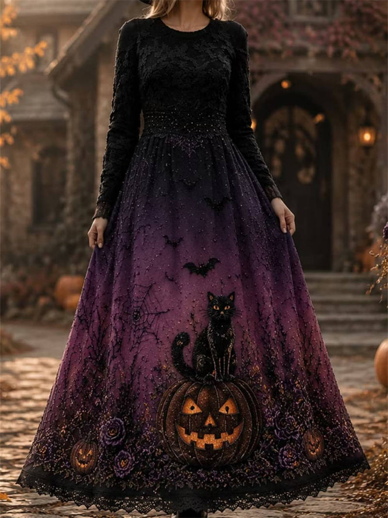 Women's Halloween Black Purple Pumpkin Cat Round Neck Long Sleeve Maxi Dress