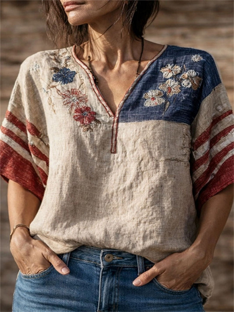 America 250th Anniversary Beige Floral Embroidered Flag Print V Neck Half Sleeve Linen Blouse