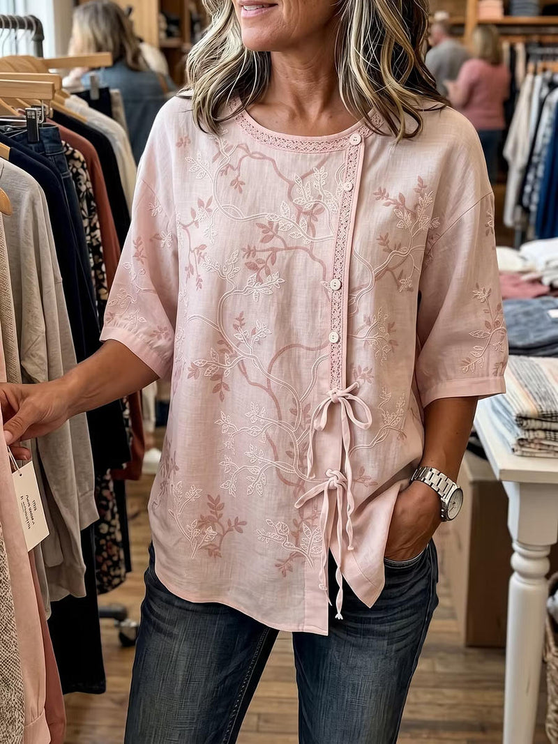 Women's Pink Floral Embroidery Lace Trim Round Neck Half Sleeve Drawstring Blouse
