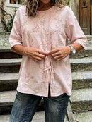 Women's Pink Floral Embroidery Lace Trim Round Neck Half Sleeve Drawstring Blouse