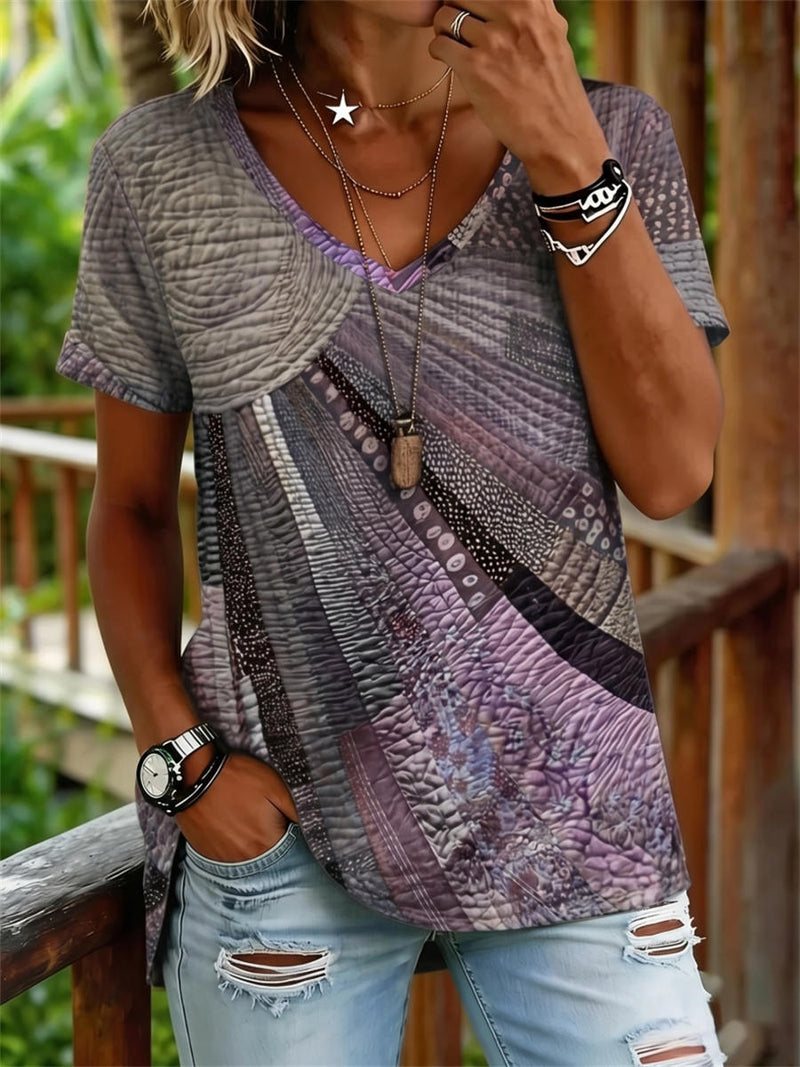 Women's Retro Grey Purple Patchwork Quilt Texture Print V Neck Short Sleeve Blouse