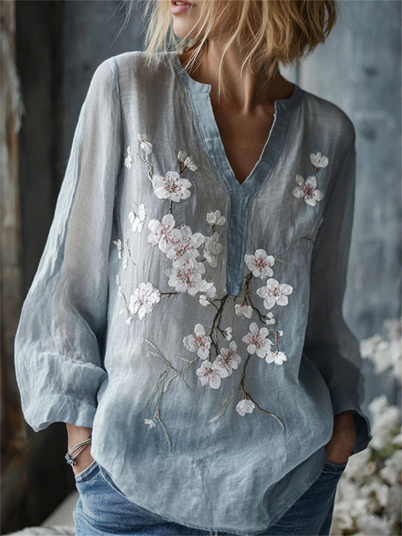 Women's Light Blue Pink Plum Blossom Embroidery V Neck Long Sleeve Blouse