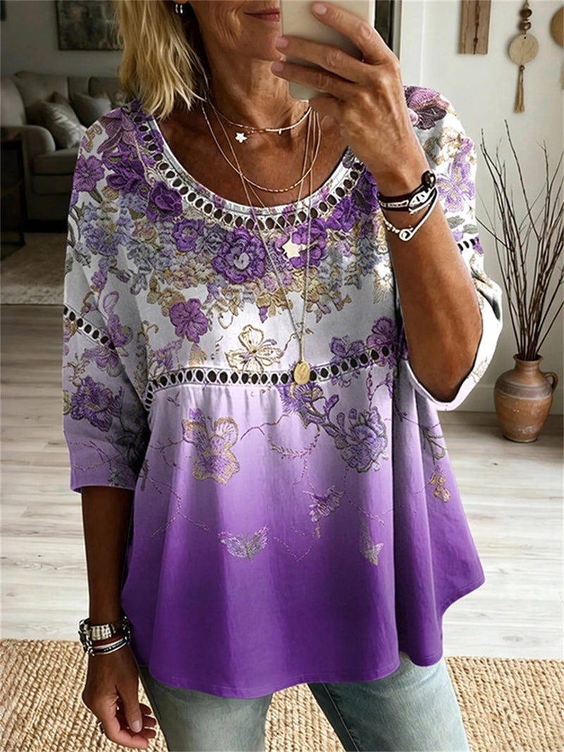 Women's White Purple Floral Print Hollow Round Neck 3/4 Sleeve Blouse