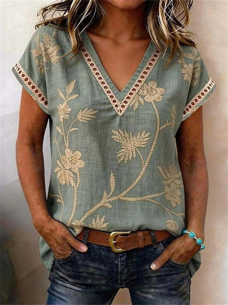 Women's Sage Green Floral Embroidery Lace V Neck Short Sleeve Blouse