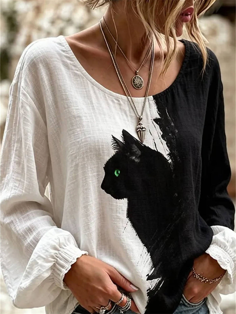 Women's Multi Cat Print Round Neck Ruffle Long Sleeves Blouse