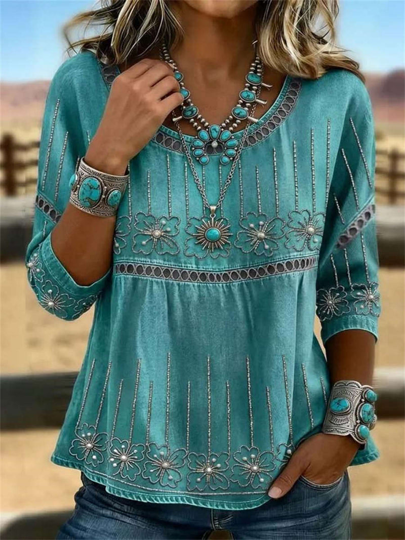 Women's Teal Floral Embroidery Round Neck 3/4 Sleeves Blouse