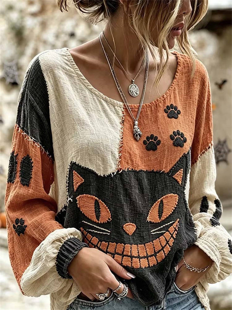 Women's Multi Cat Embroidery Round Neck Long Sleeve Blouse