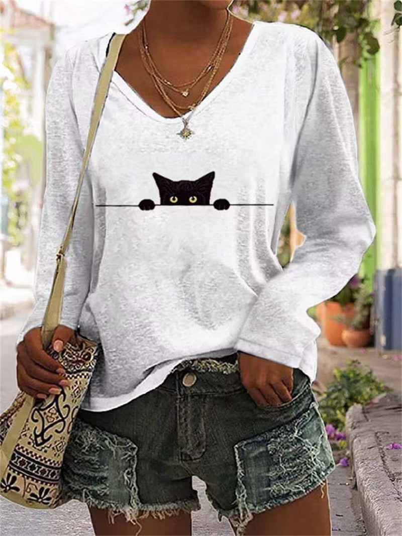 Women's Heather Gray Black Cat Print V Neck Long Sleeve Blouse