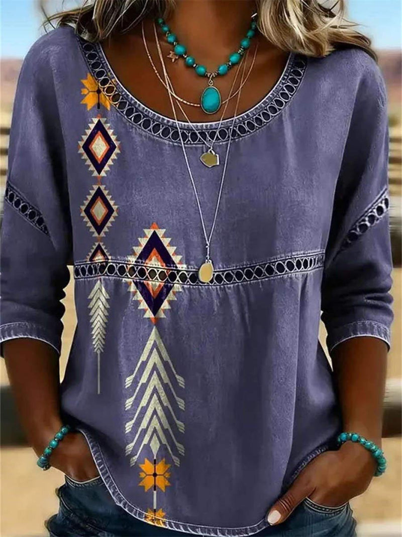 Women's Purple Aztec Print Round Neck 3/4 Sleeves Blouse