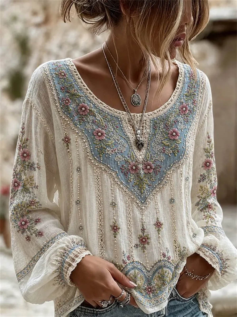 Women's White Floral Print V-Neck Long Sleeves Blouse