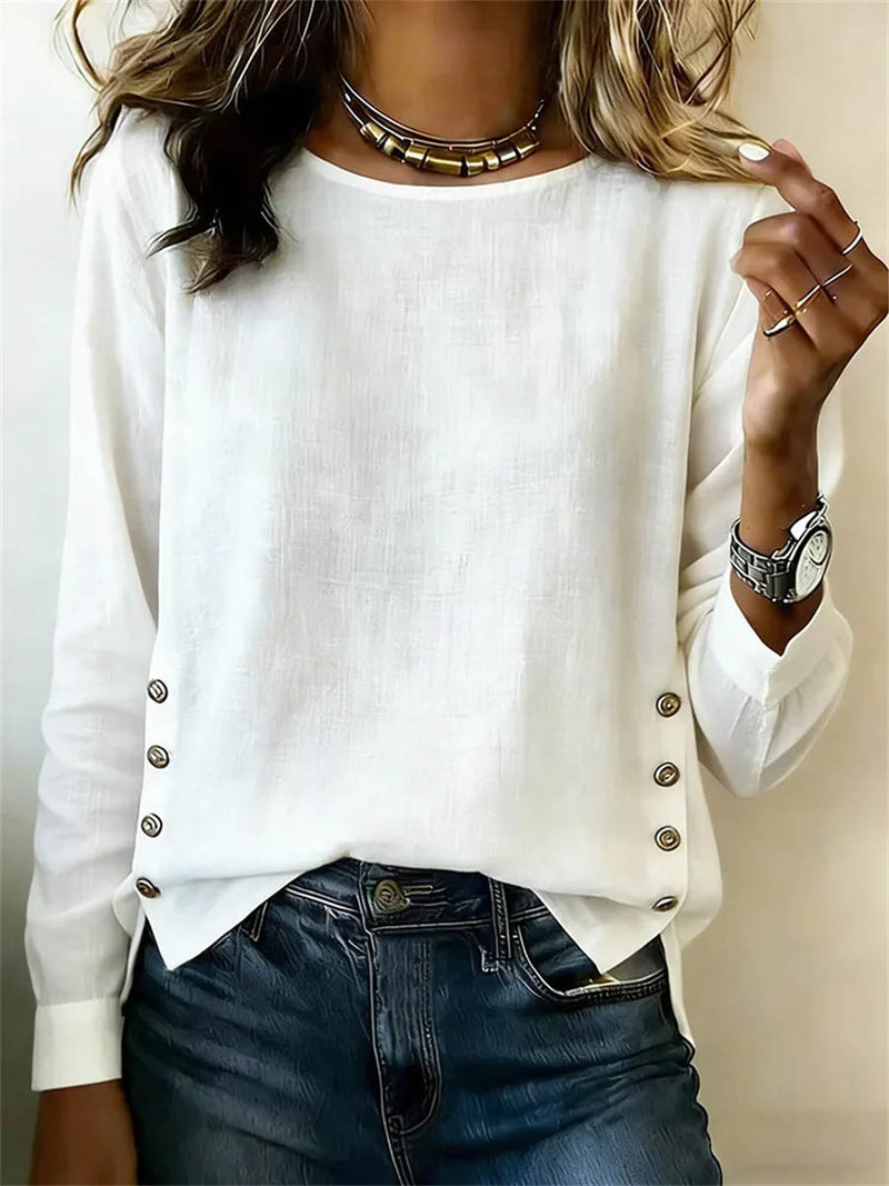 Women's White Solid Round Neck Long Sleeve Blouse