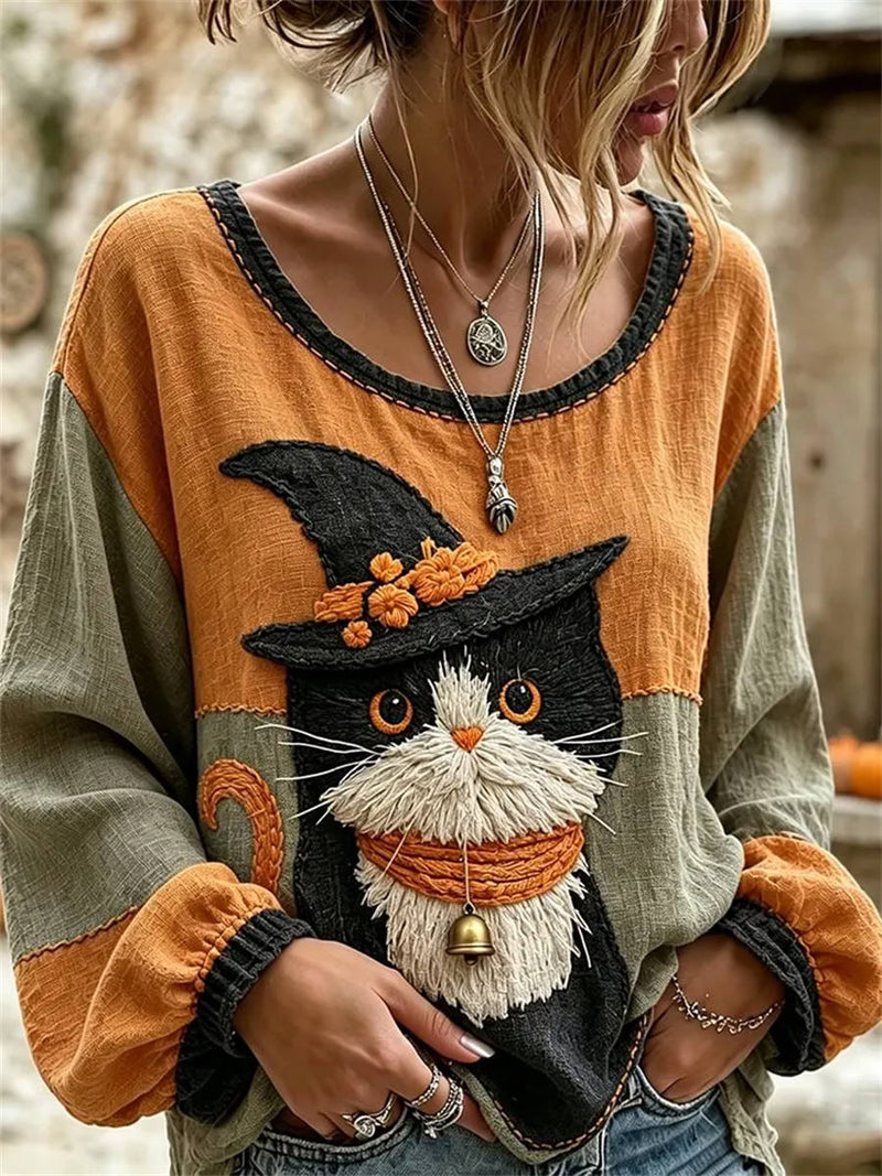 Women's Multi Wizard Cat Embroidery Round Neck Long Sleeve Blouse