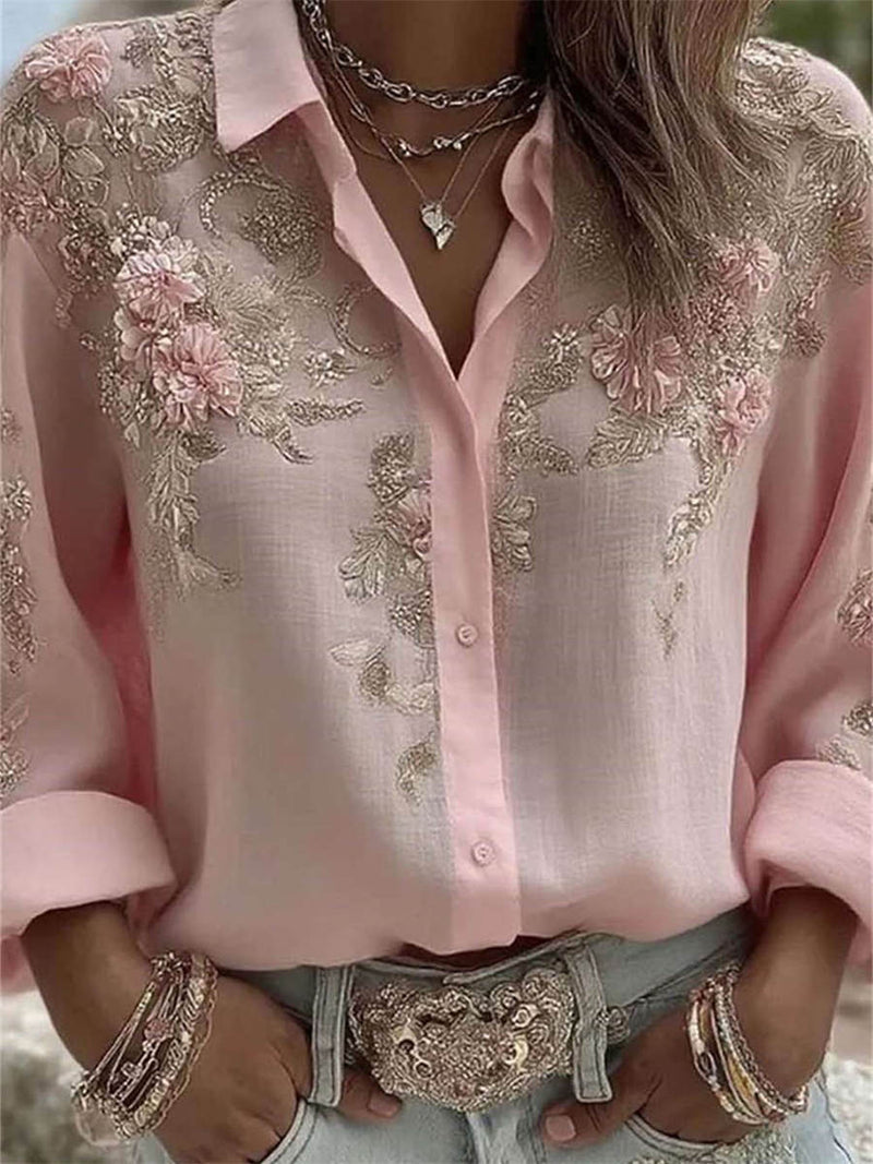 Women's Pink Floral Print Collared Long Sleeve Shirt