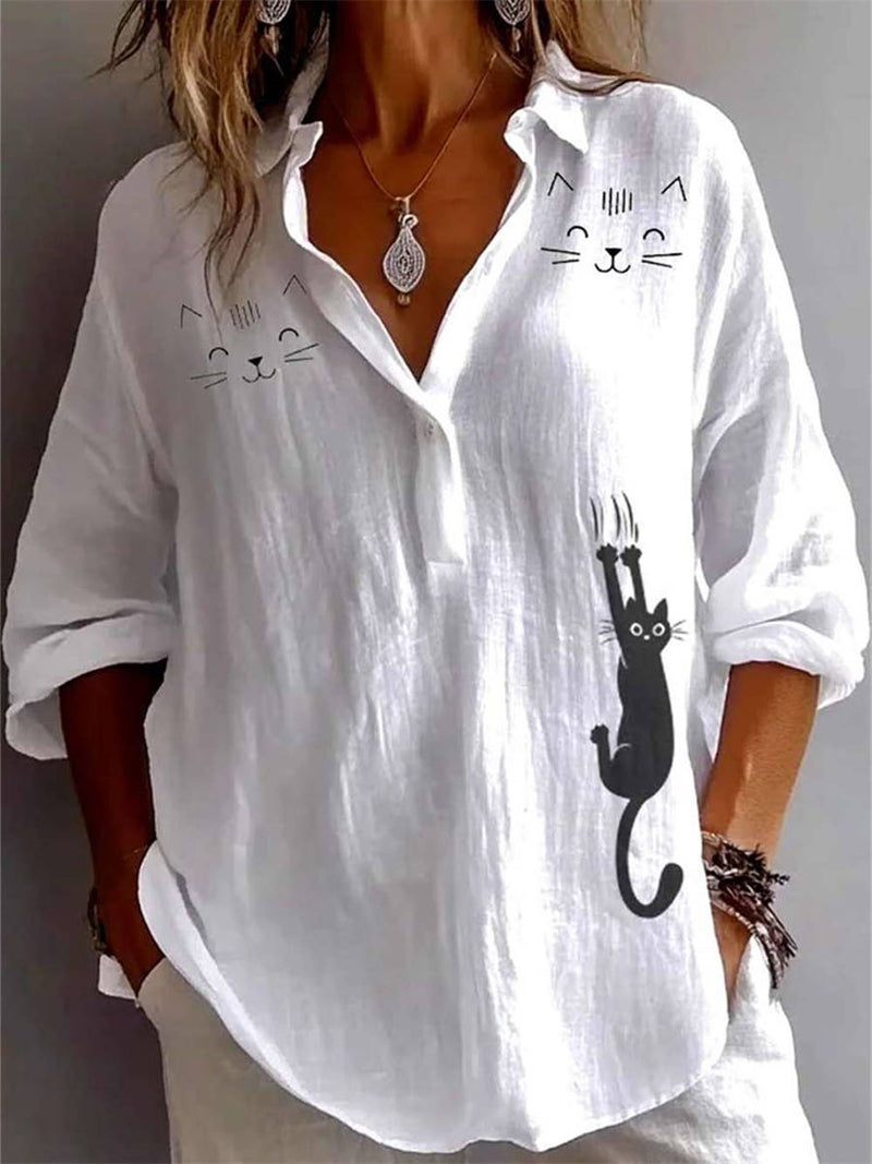 Women's White Cat Print Collared Long Sleeve Shirt
