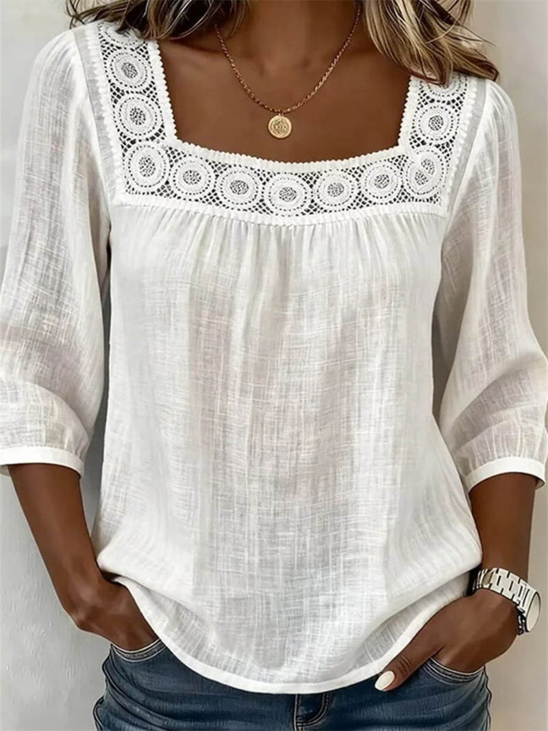 Women's White Solid Square Neck 3/4 Sleeve Blouse