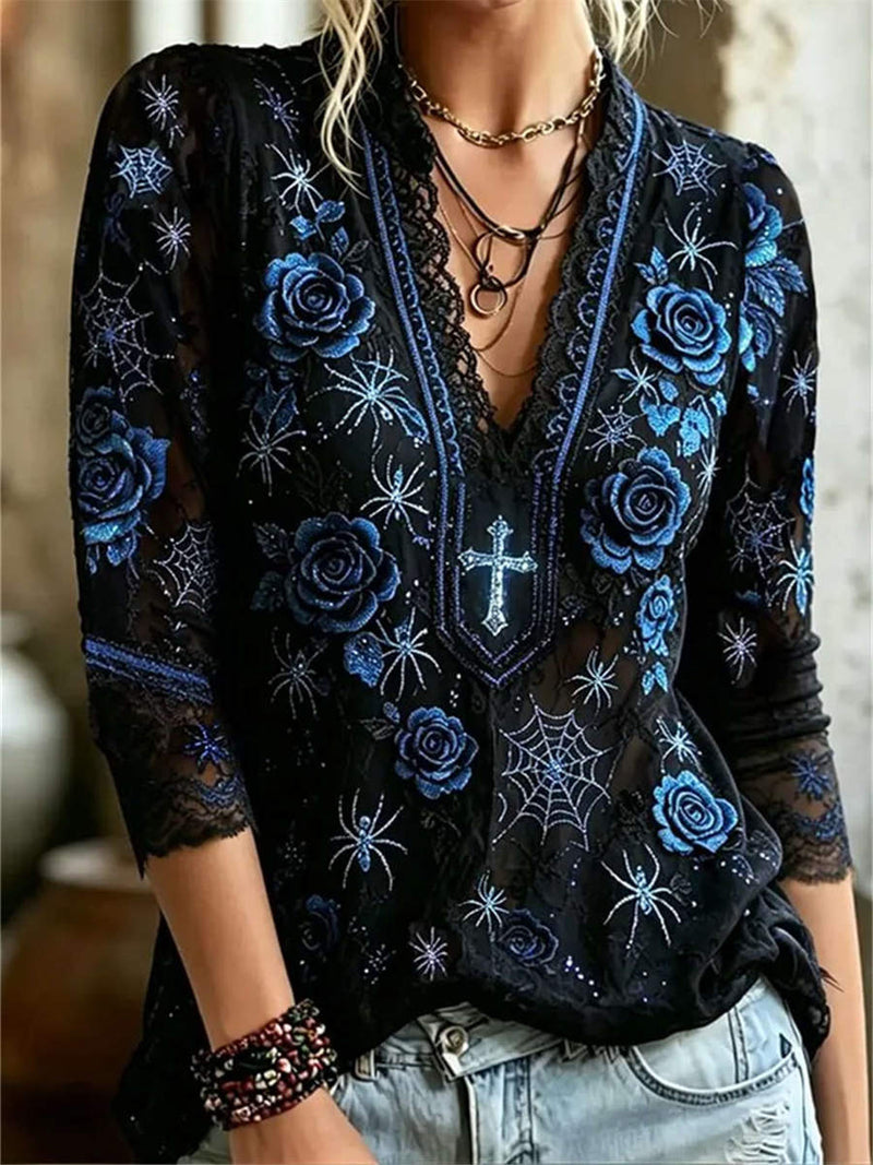 Women's Halloween Multi Spider Rose Cross V Neck 3/4 Sleeves Blouse