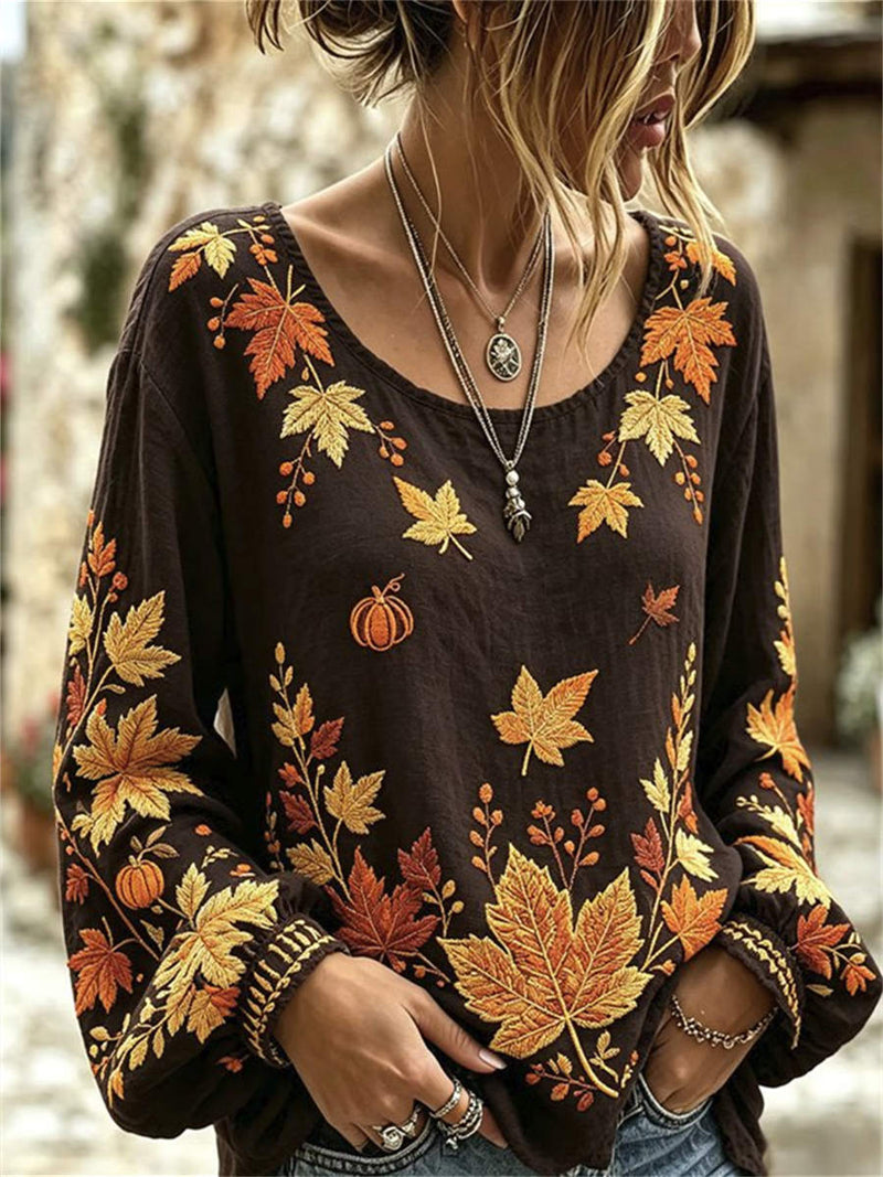 Women's Halloween Dark Brown Maple Leaf Pumpkin Print Round Neck Long Sleeve Blouse