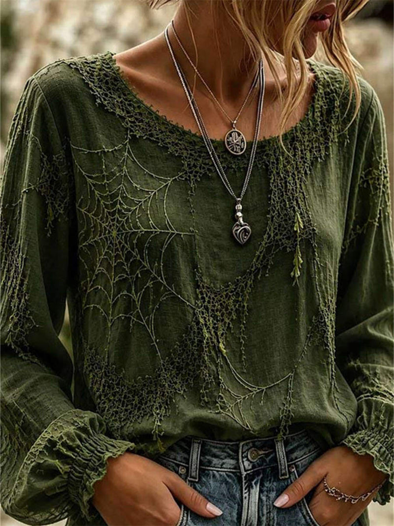 Women's Halloween Green Spider Web Print Round Neck Long Sleeve Blouse