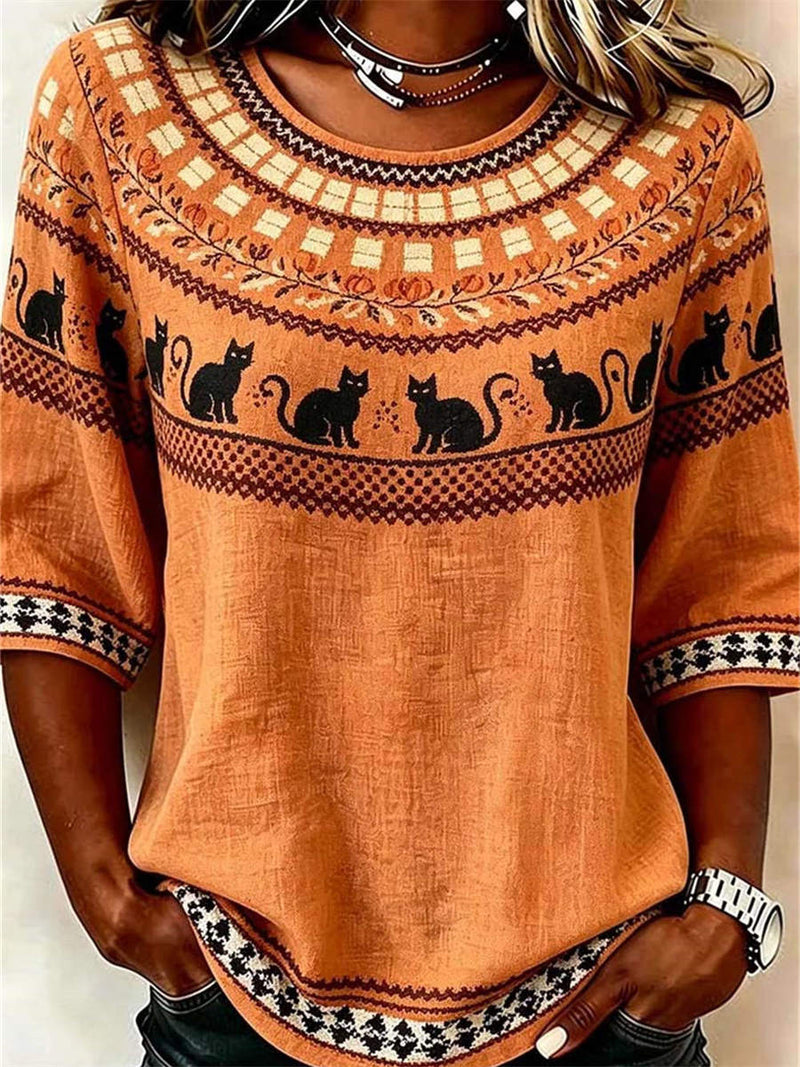 Women's Halloween Orange Black Cat Print Round Neck Half Sleeve Blouse