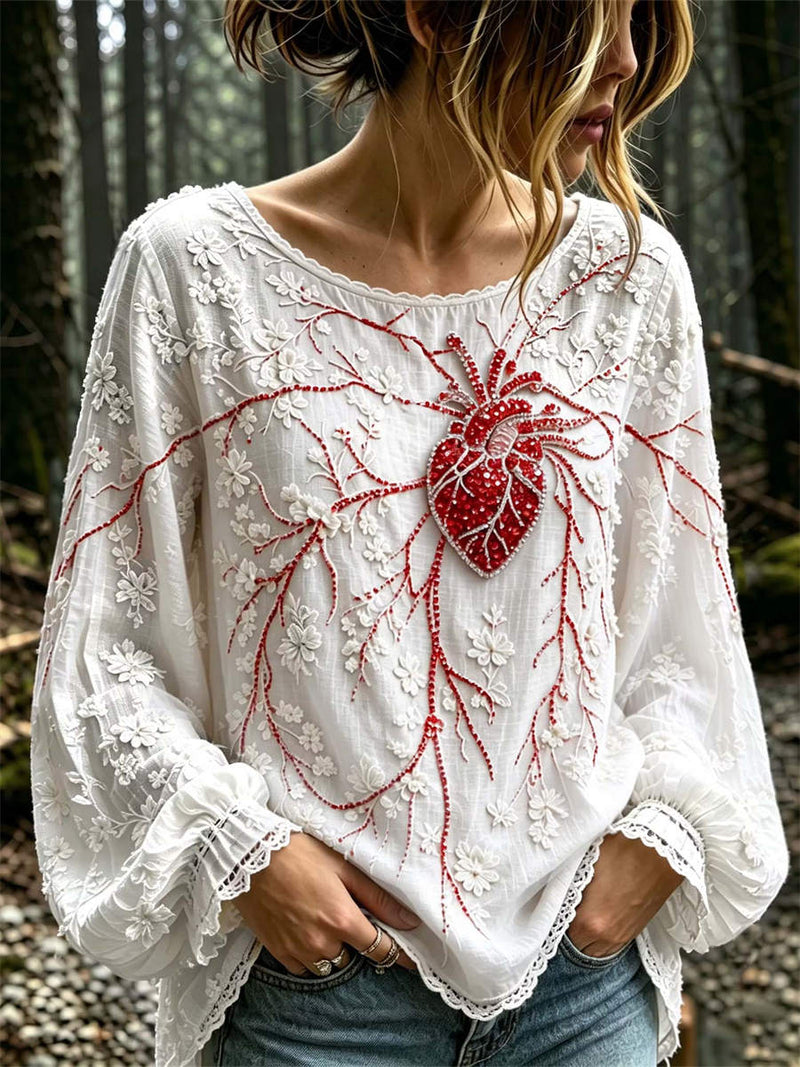 Women's Halloween White Heart Floral Print Round Neck Puff Long Sleeve Blouse