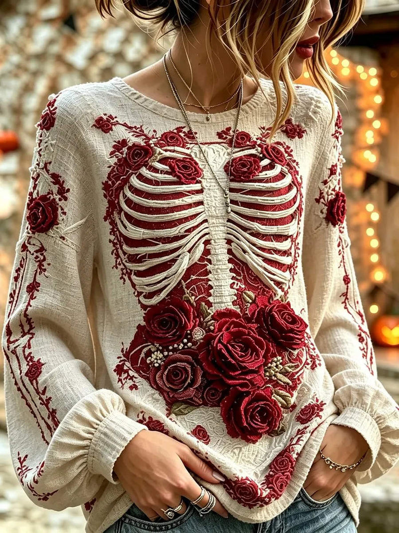 Women's Halloween Beige Skeleton Rose Floral Print Round Neck Puff Long Sleeve Blouse