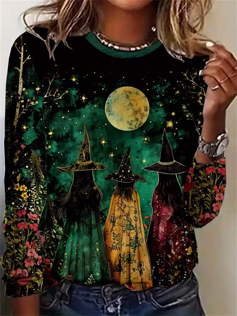 Women's Halloween Multi Witch Moon Floral Print Round Neck Long Sleeve Blouse