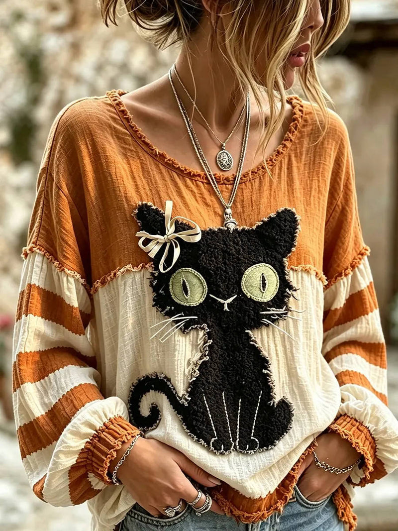 Women's Halloween Multi Color Block Striped Black Cat Applique Round Neck Long Sleeve Blouse