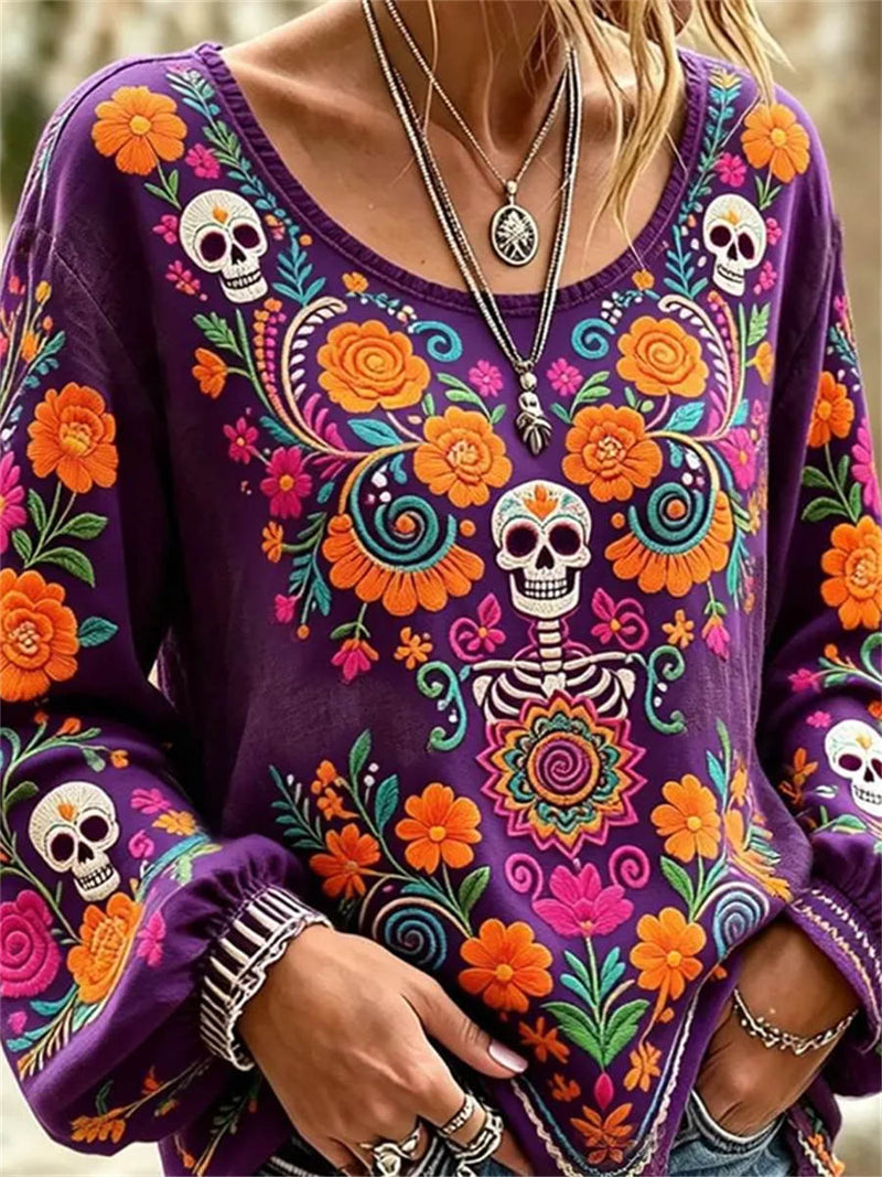 Women's Halloween Purple Floral Skull Round Neck Long Sleeve Blouse