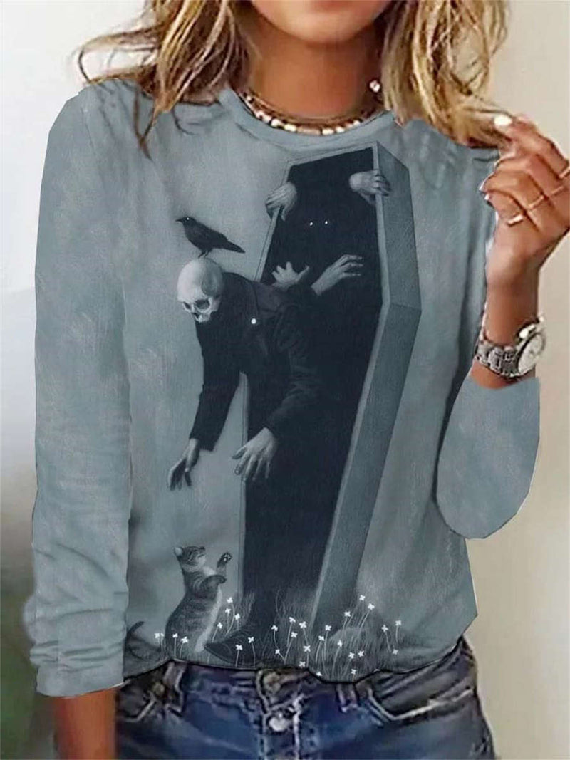 Women's Halloween Gray Skull Coffin Crow Cat Print Round Neck Long Sleeve Blouse