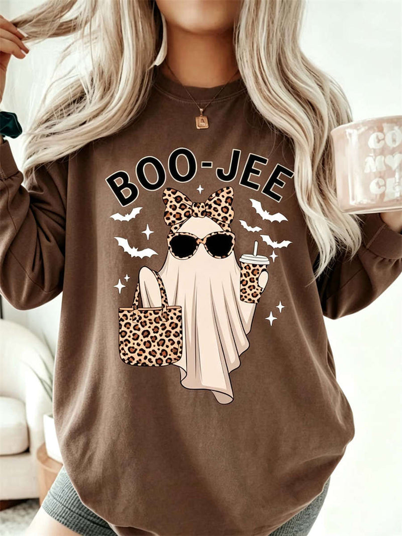 Women's Halloween Brown Boo-Jee Leopard Ghost Bat Print Round Neck Long Sleeve Top