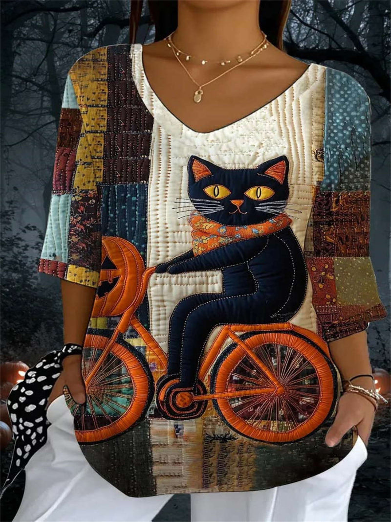 Women's Halloween Multi Patchwork Black Cat V Neck 3/4 Sleeves Blouse