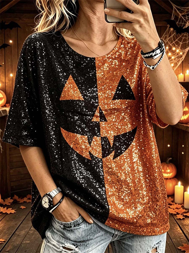 Women's Halloween Multi Split Pumpkin Face Round Neck Half Sleeve Blouse