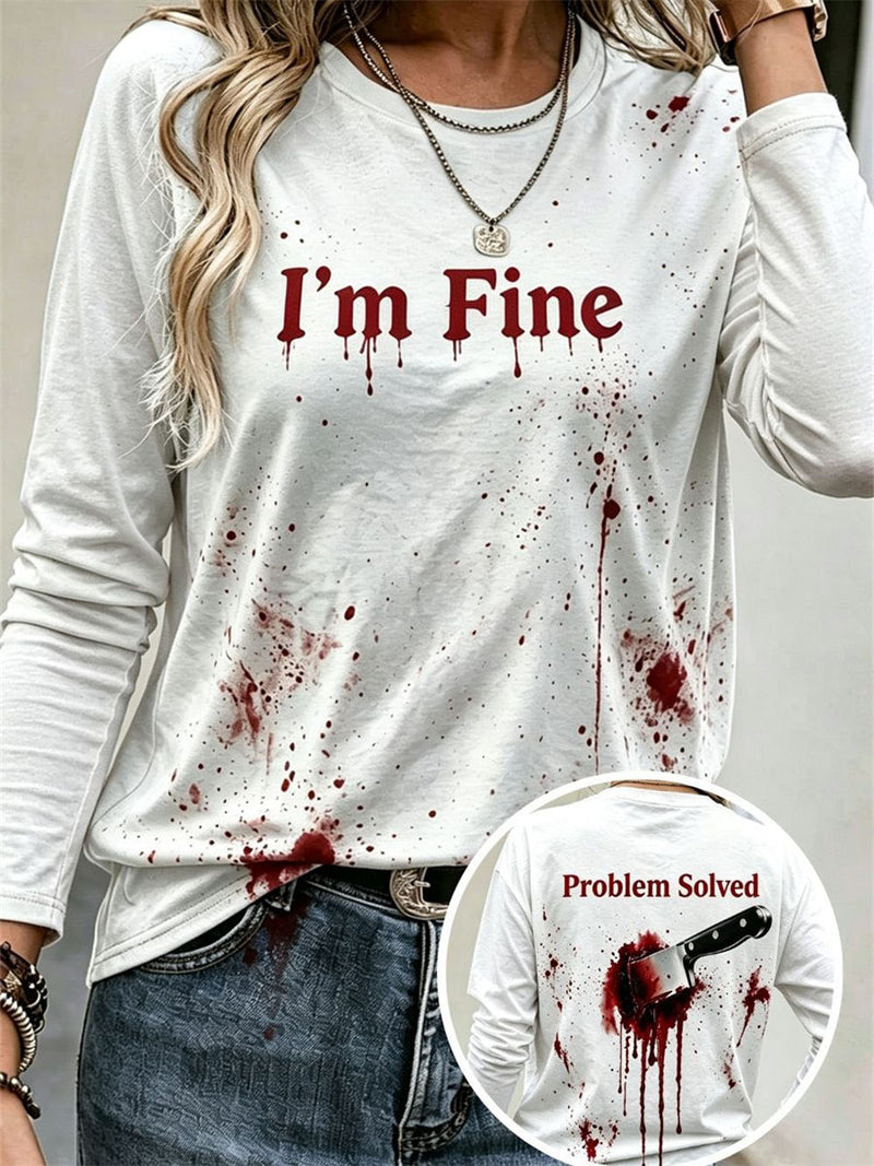 Women's Halloween White Blood Splash Letter Knife Print Round Neck Long Sleeve Blouse