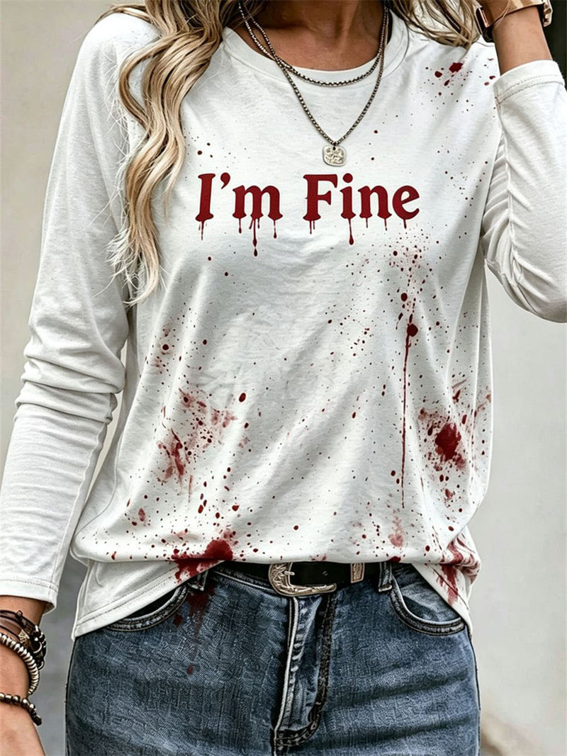 Women's Halloween White Blood Splash Letter Knife Print Round Neck Long Sleeve Blouse