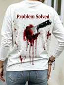 Women's Halloween White Blood Splash Letter Knife Print Round Neck Long Sleeve Blouse